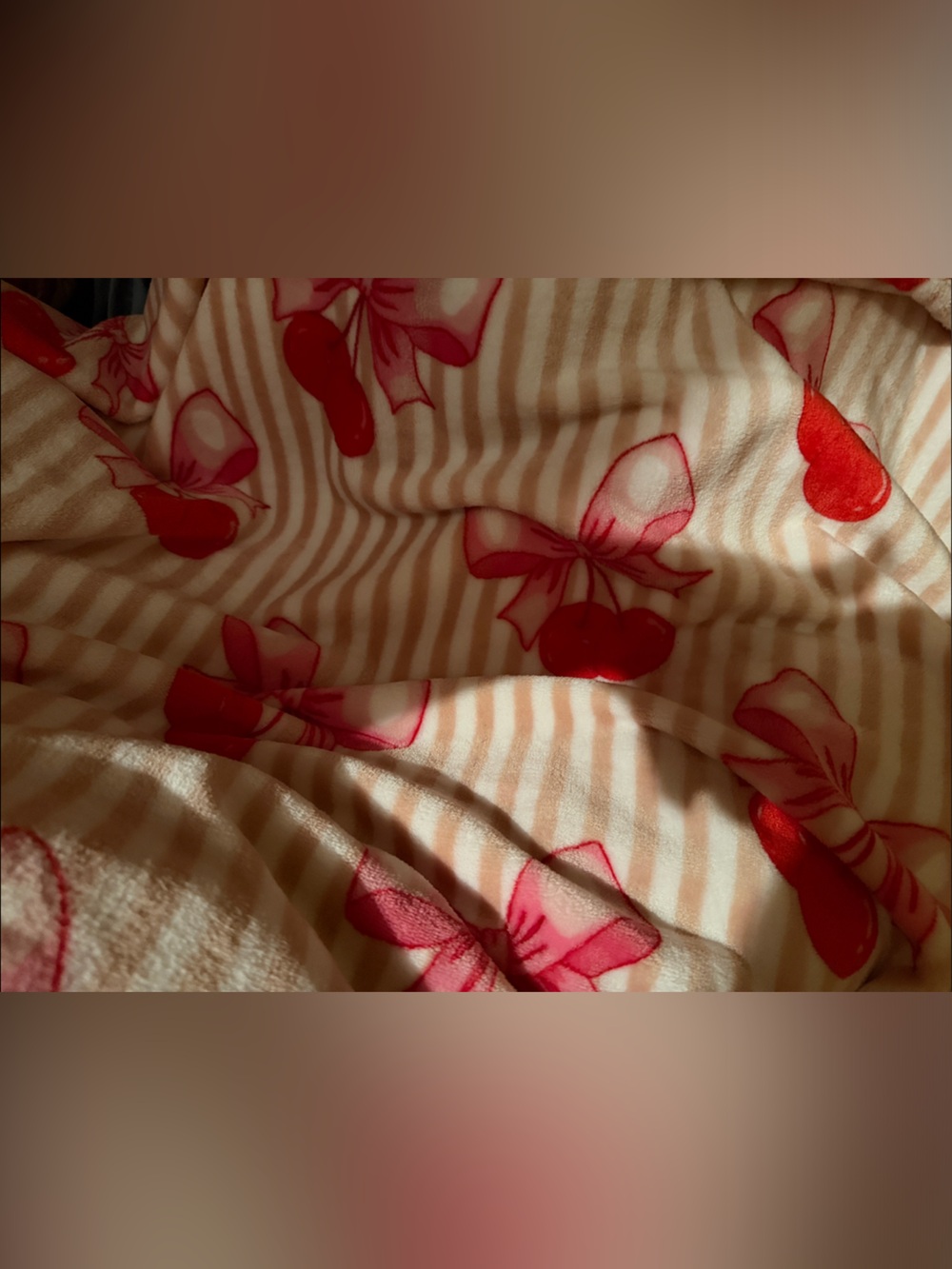 Soft Striped Blanket with Pink and Red Bow with cherries Print